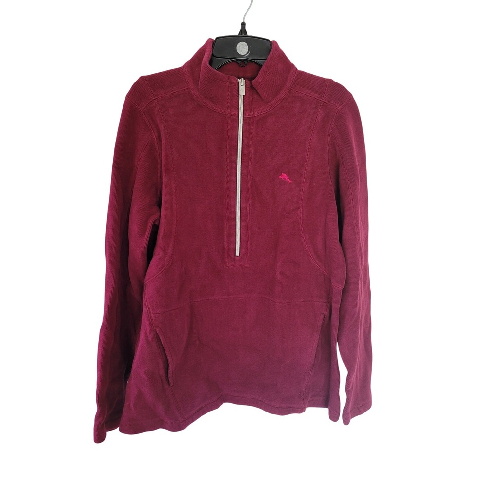 Tommy Bahama Womens Medium Burgundy Ribbed Quarter Zip Pullover Sweatshirt #1